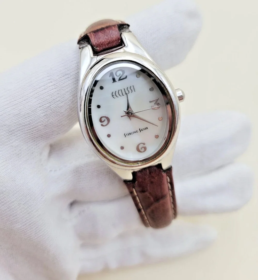 Ecclissi 22650 Women's Sterling Silver Watch Mother of Pearl Dial Brown Leather